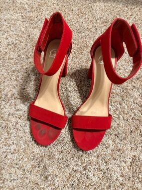 Red Suede Ankle-Strap Block Heel Sandals